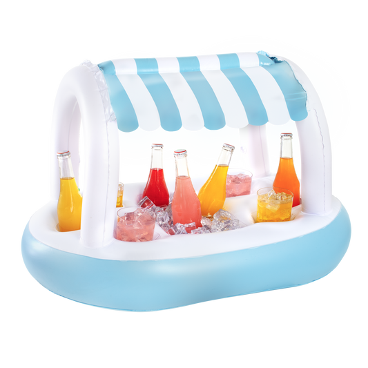 Floating Buffet Bar with Canopy - Blue & White Cabana Stripes