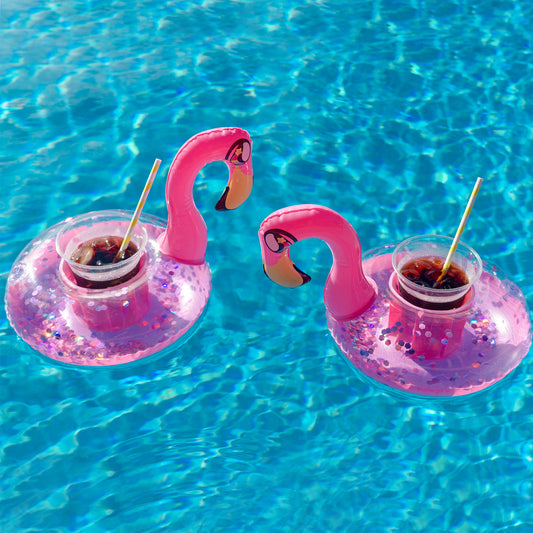 Inflatable Drink Pool Floats two (2) Pink Glitter Flamingo