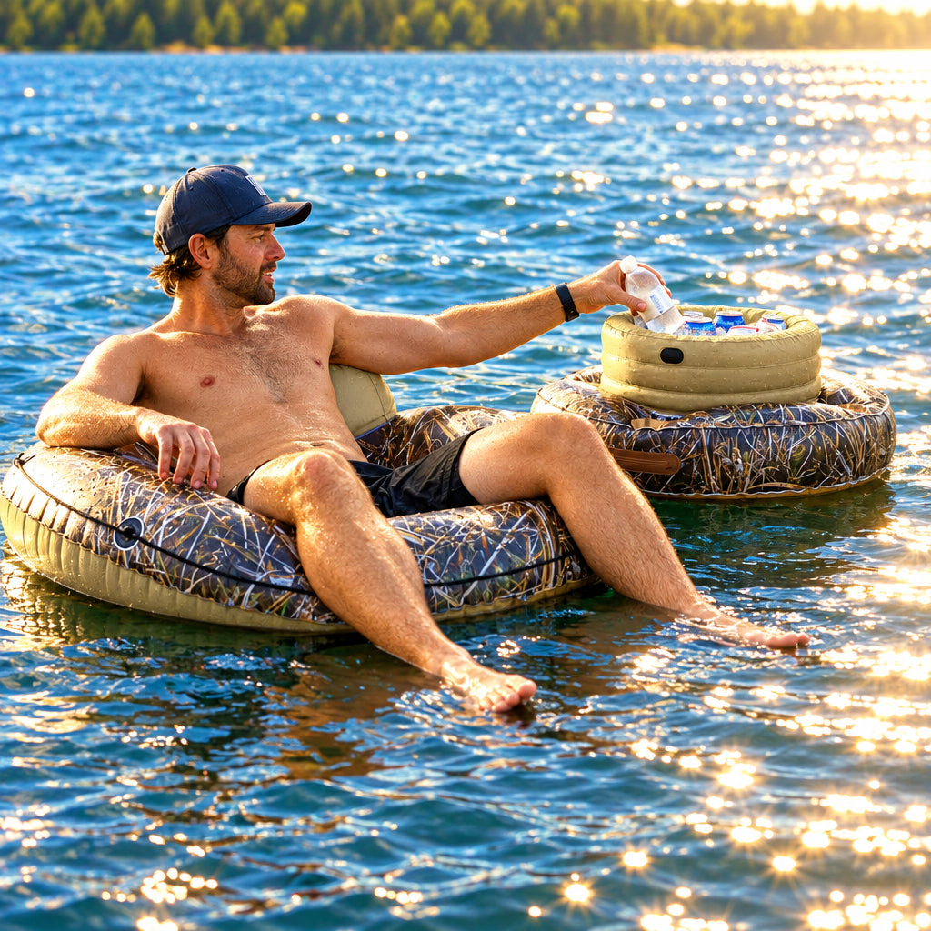 PoolCandy Realtree Max-7 48" Inflatable Floating River Cooler – Large Pool & Lake Drink Cooler with Built-In Cup Holders
