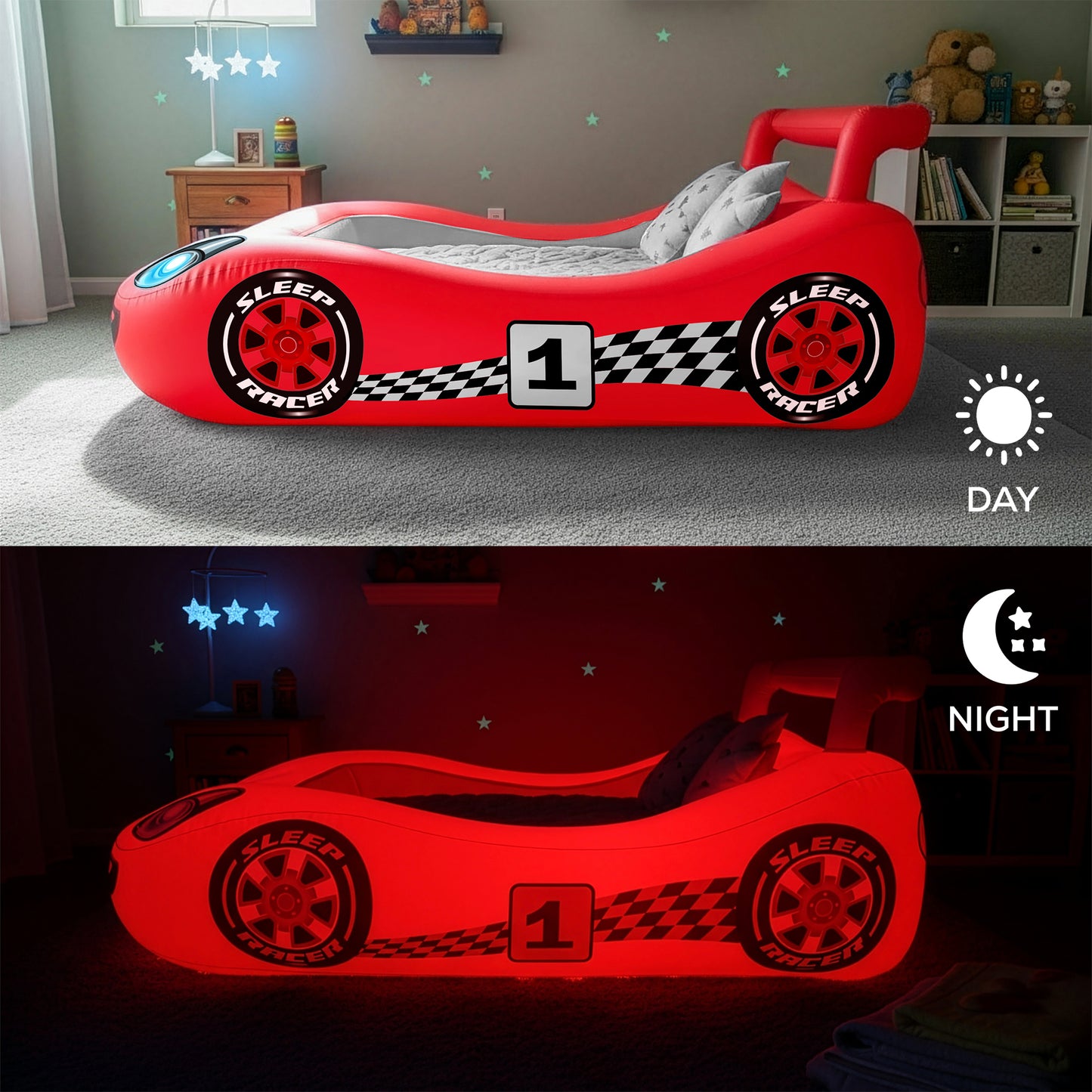 Sleep Racer™ Comfy Cruiser Inflatable RED Illuminated LED Inflatable Car Bed Toddlers Ages 2 to 6