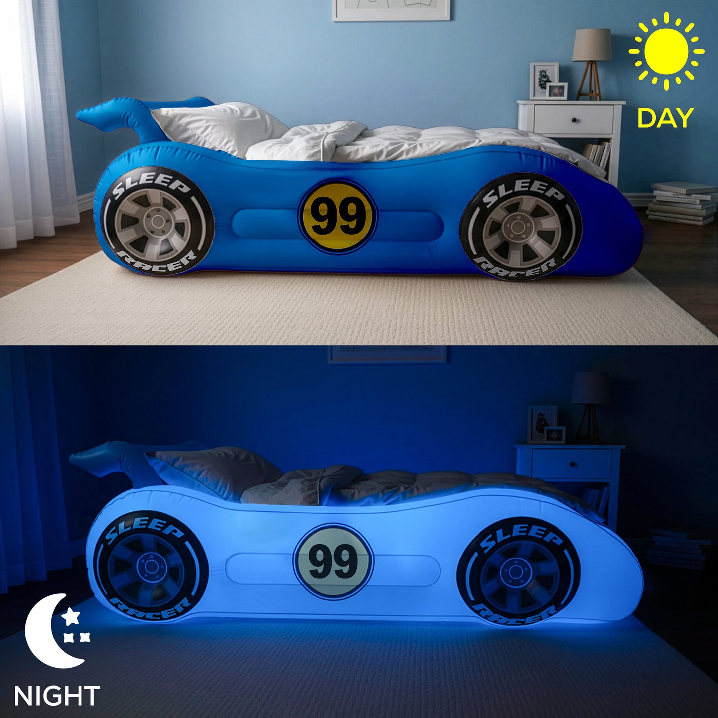 Sleep Racer Dream Car - Blue Illuminated LED Inflatable Car Bed Ages 3 to 12