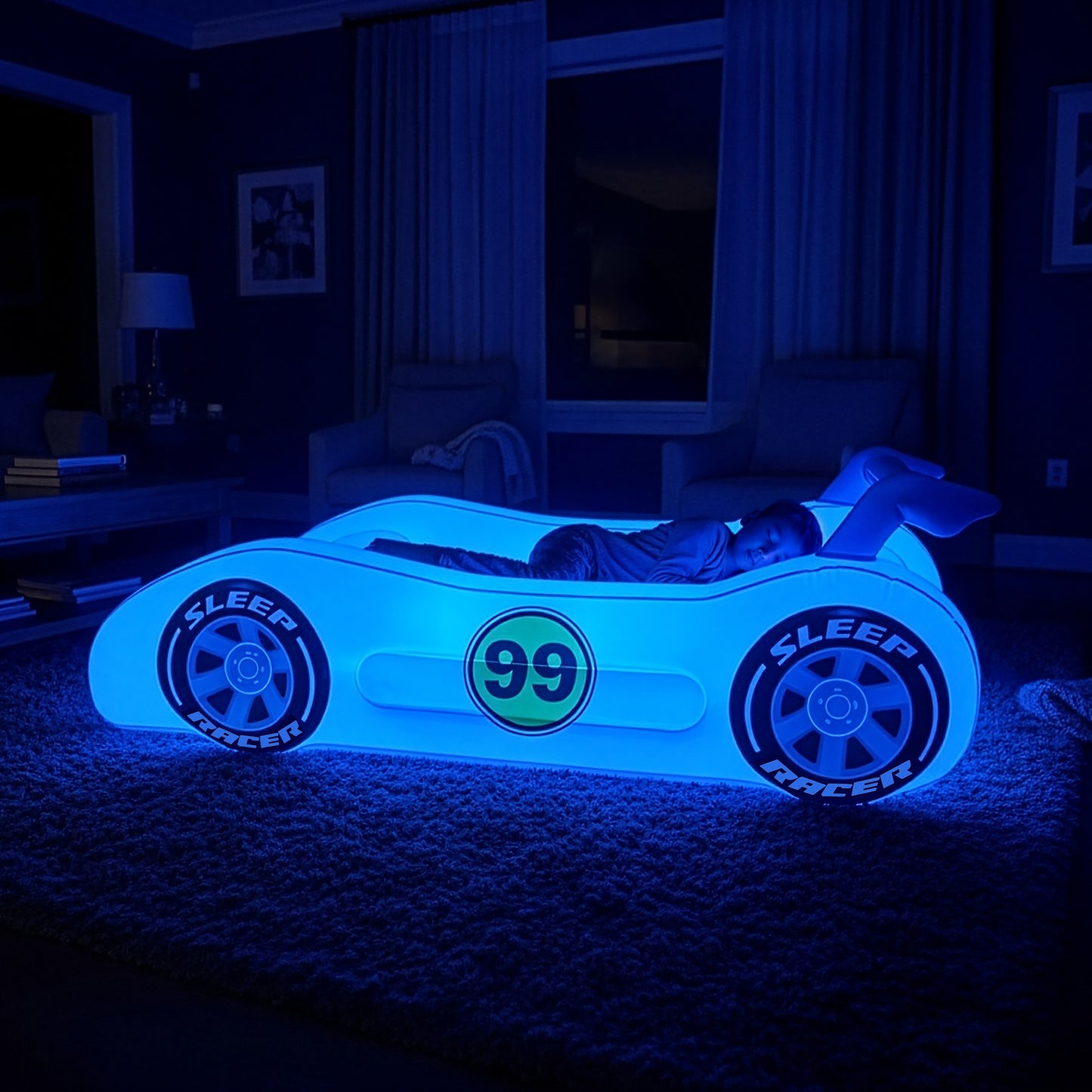 Sleep Racer Dream Car - Blue Illuminated LED Inflatable Car Bed Ages 3 to 12
