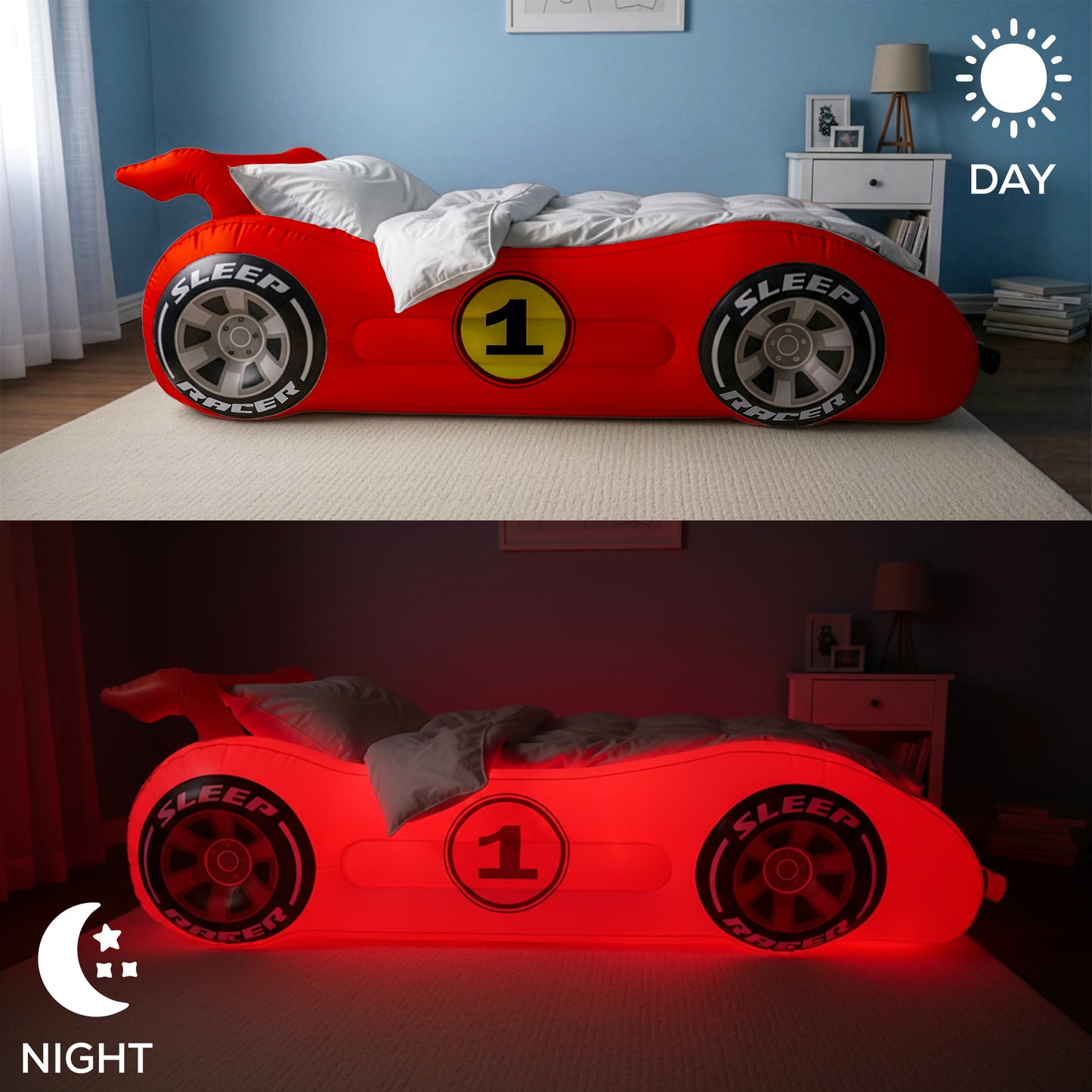 Sleep Racer Dream Car - Red Illuminated LED Inflatable Car Bed Age 3 to 12