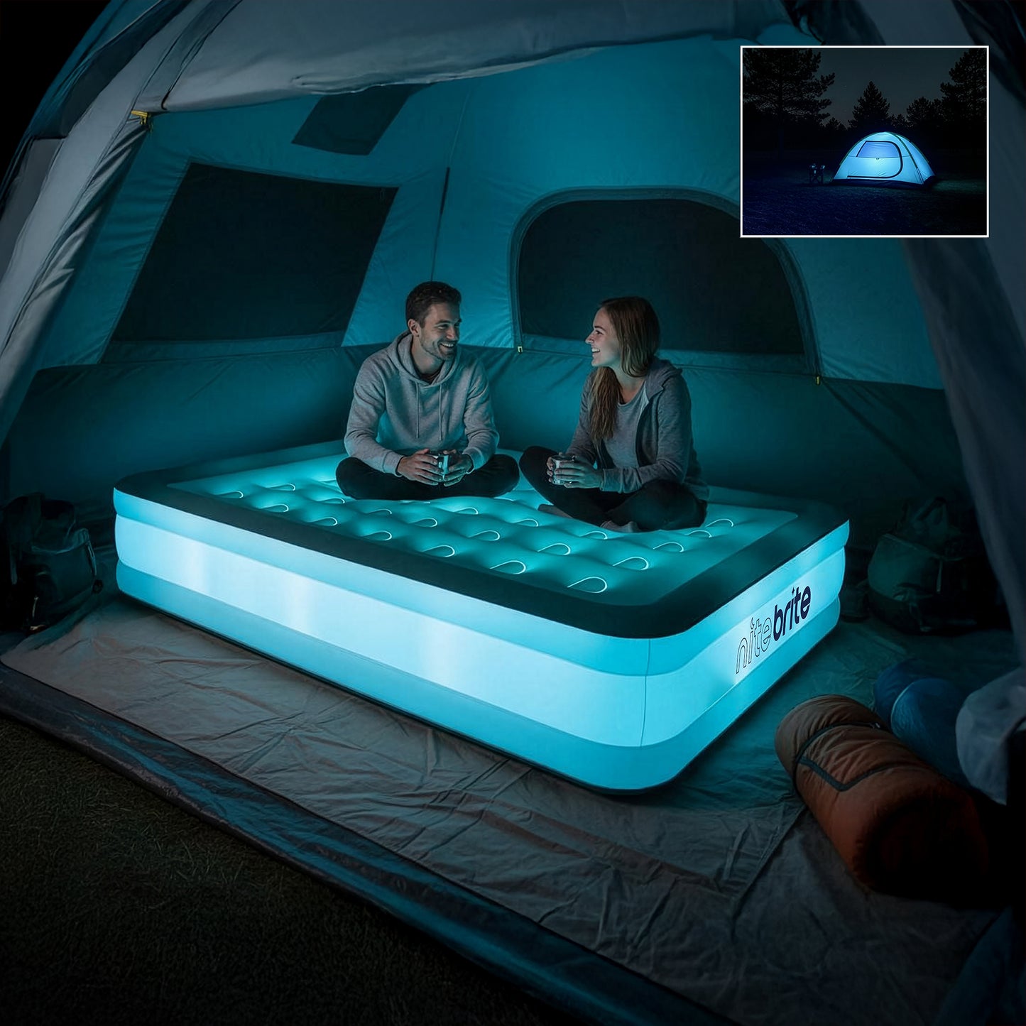 Nite Brite™ by AirCandy — Queen LED Air Bed with Rechargeable Pump & Lantern
