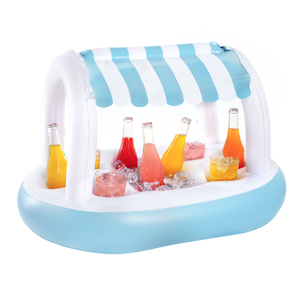 Floating Buffet Bar with Canopy - Blue & White Cabana Stripes