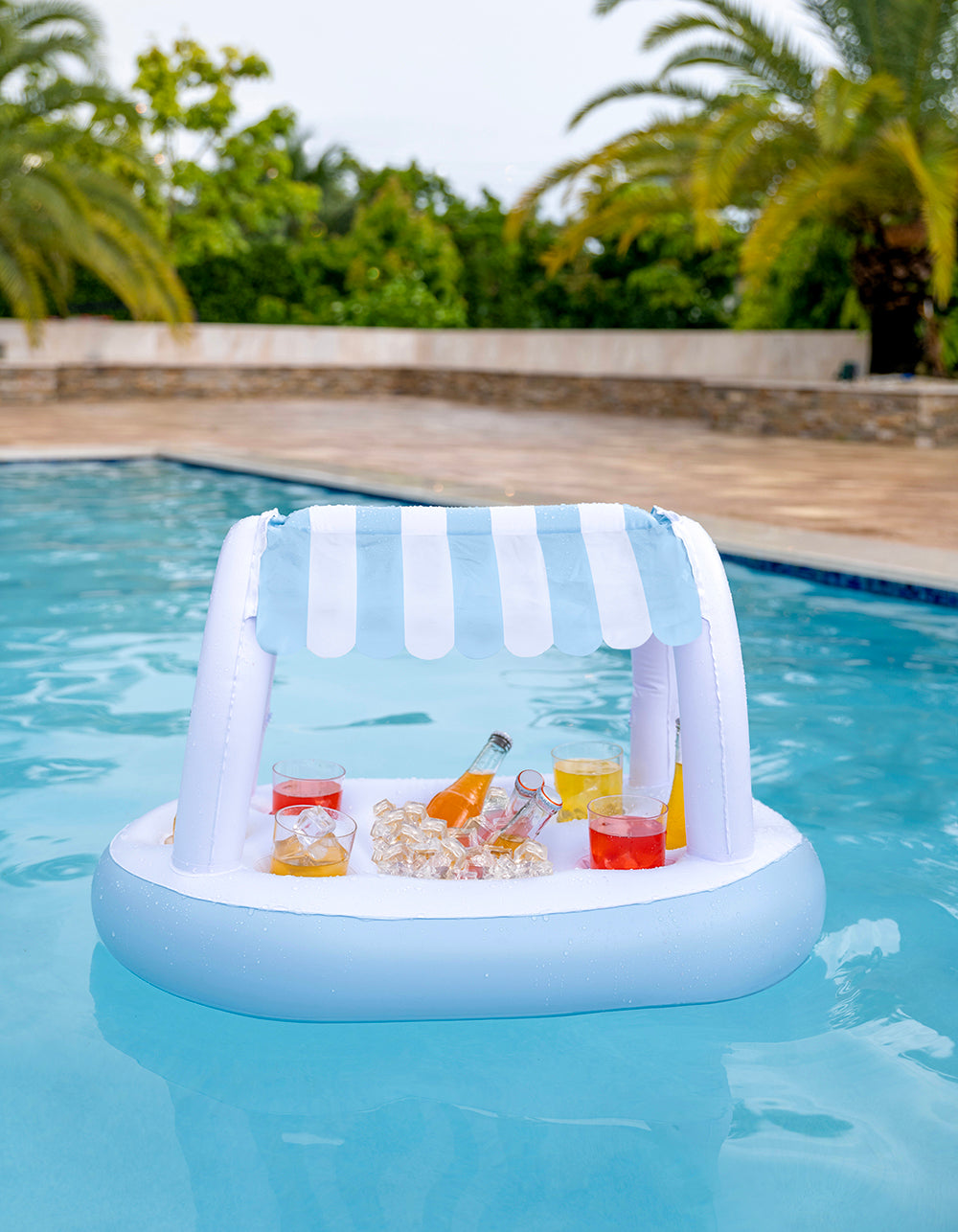 Floating Buffet Bar with Canopy - Blue & White Cabana Stripes