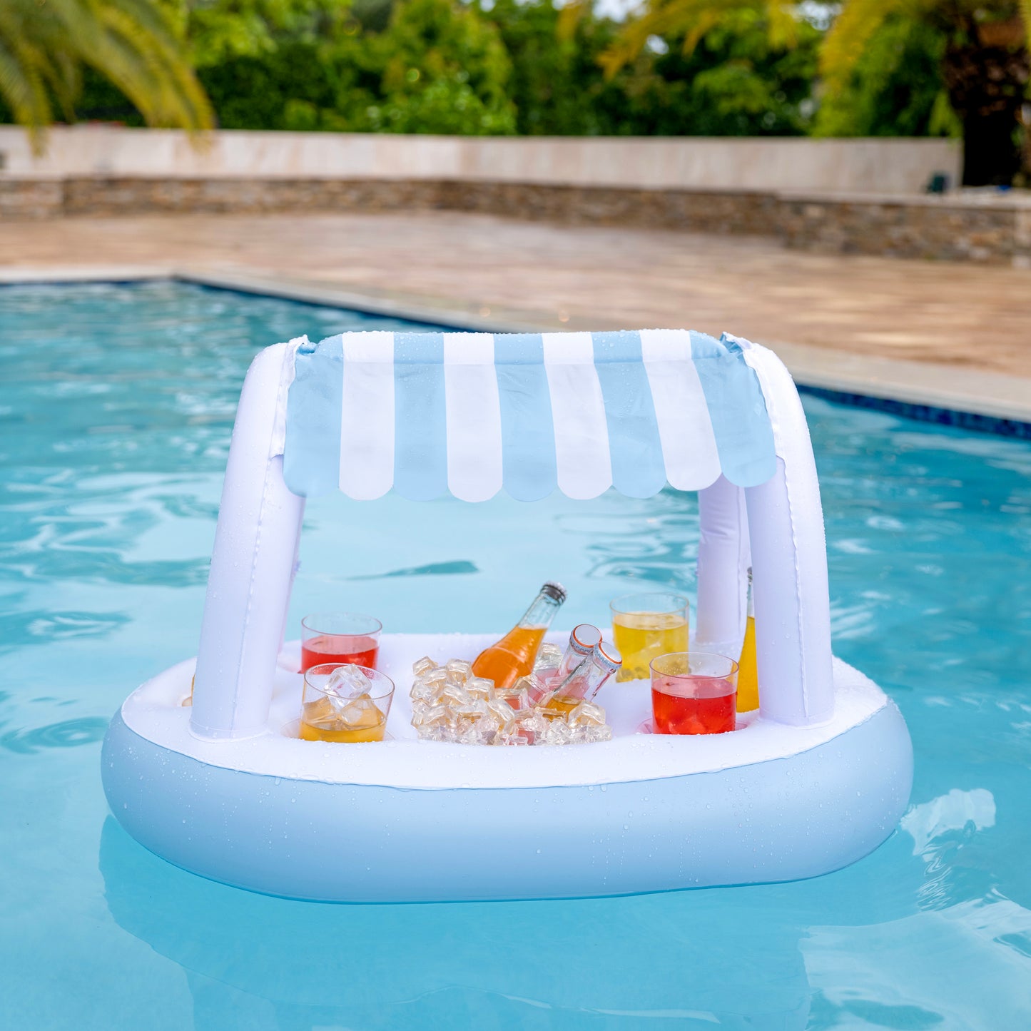 Floating Buffet Bar with Canopy - Blue & White Cabana Stripes