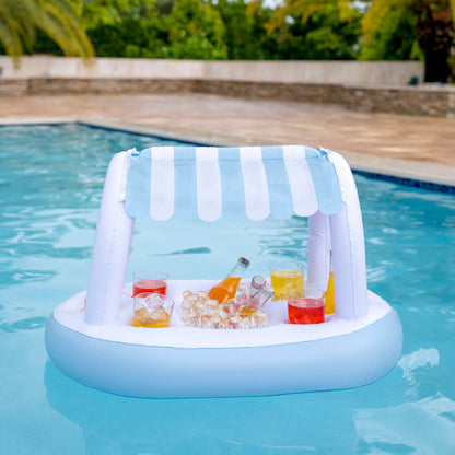 Floating Buffet Bar with Canopy - Blue & White Cabana Stripes
