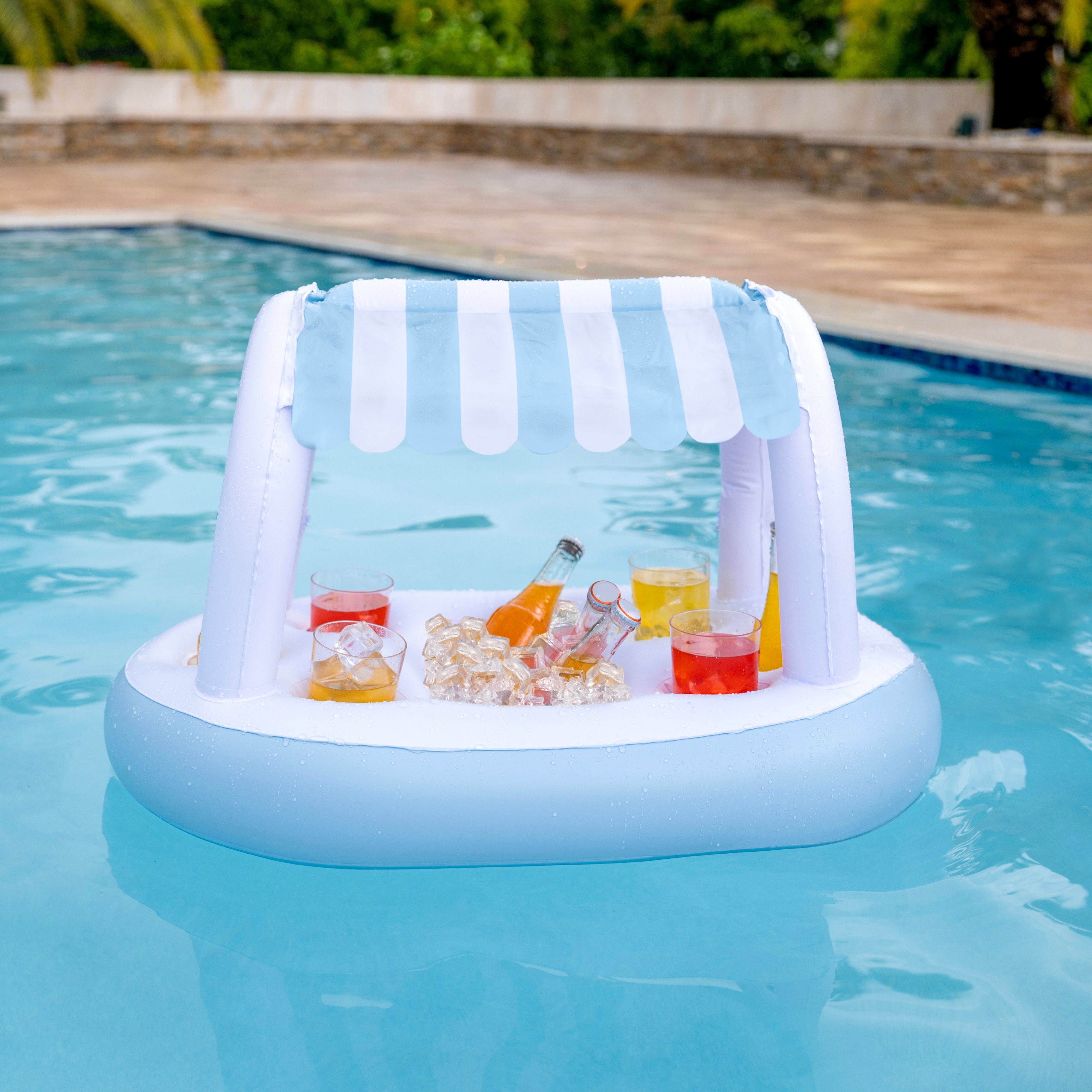 Floating Buffet Bar with Canopy - Blue & White Cabana Stripes