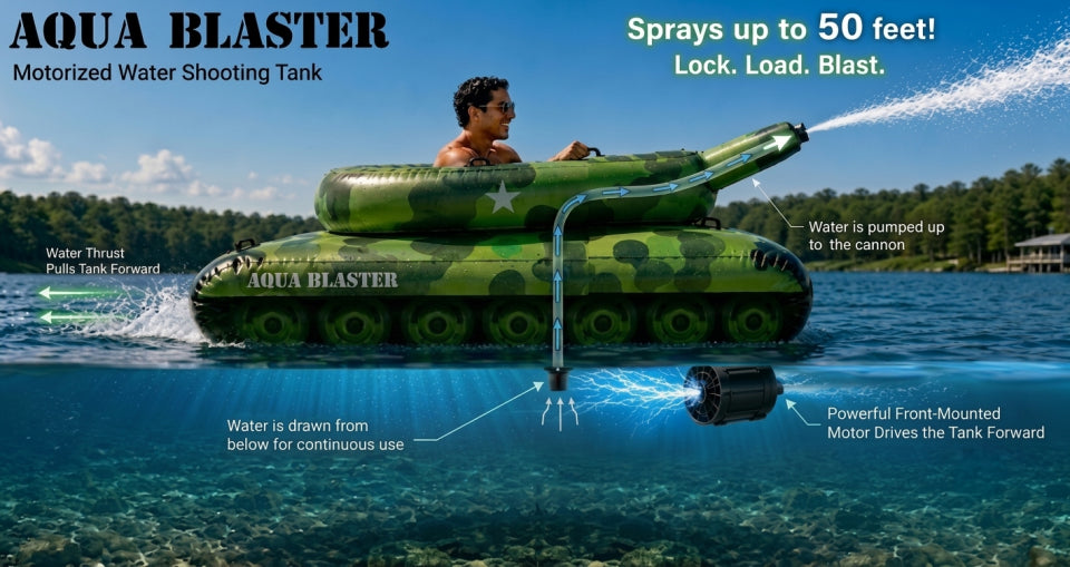PoolCandy Aqua Blaster™ Motorized Tank Float – Rechargeable 7-Ft Inflatable Pool Tank with Water Cannon