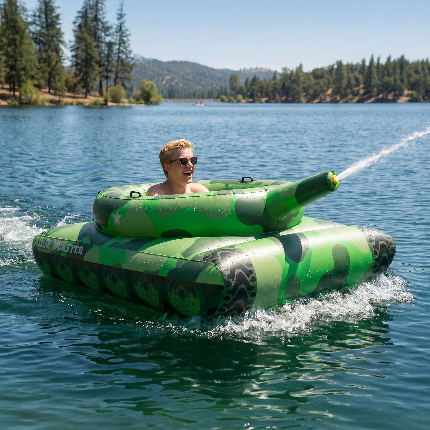 PoolCandy Aqua Blaster™ Motorized Tank Float – Rechargeable 7-Ft Inflatable Pool Tank with Water Cannon