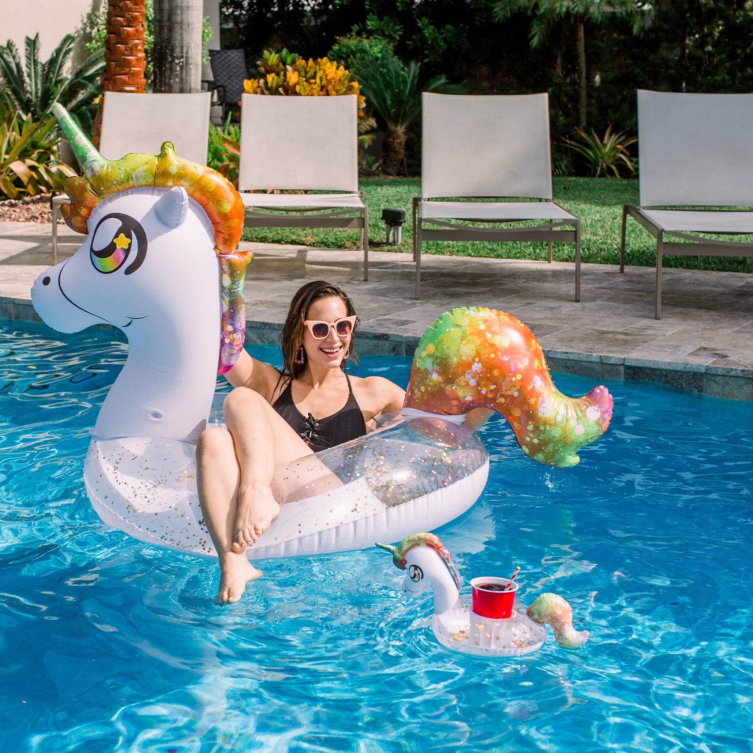 Glitter Unicorn Jumbo 48" Pool Tube With Bonus Drink Float