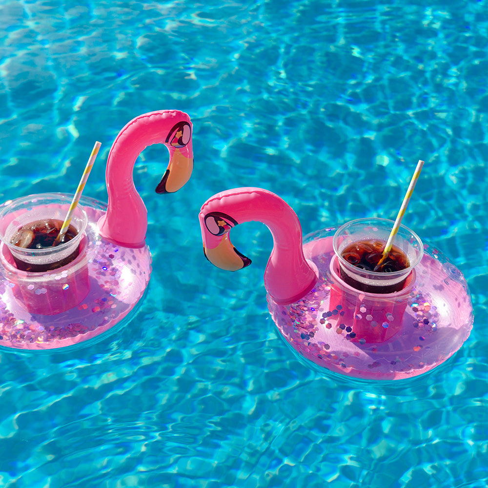 Inflatable Drink Pool Floats two (2) Pink Glitter Flamingo