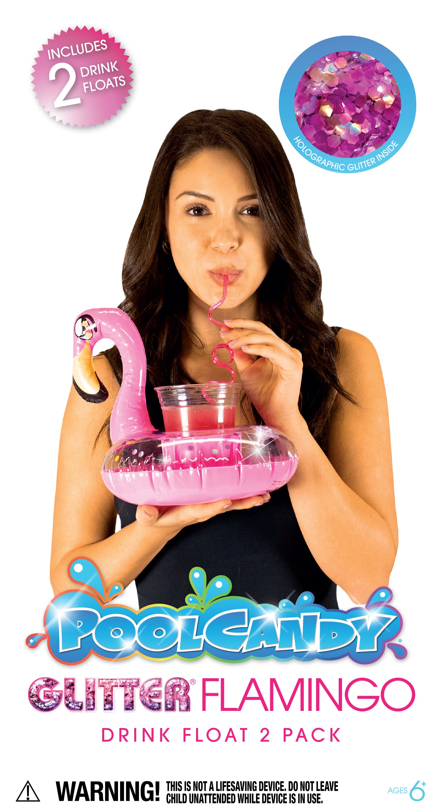 Inflatable Drink Pool Floats two (2) Pink Glitter Flamingo