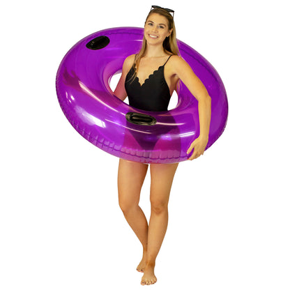 PoolCandy Translucent Purple Inflatable Swim Ring by PoolCandy with pro handles in 48" size. Pro level pool, beach and river float.