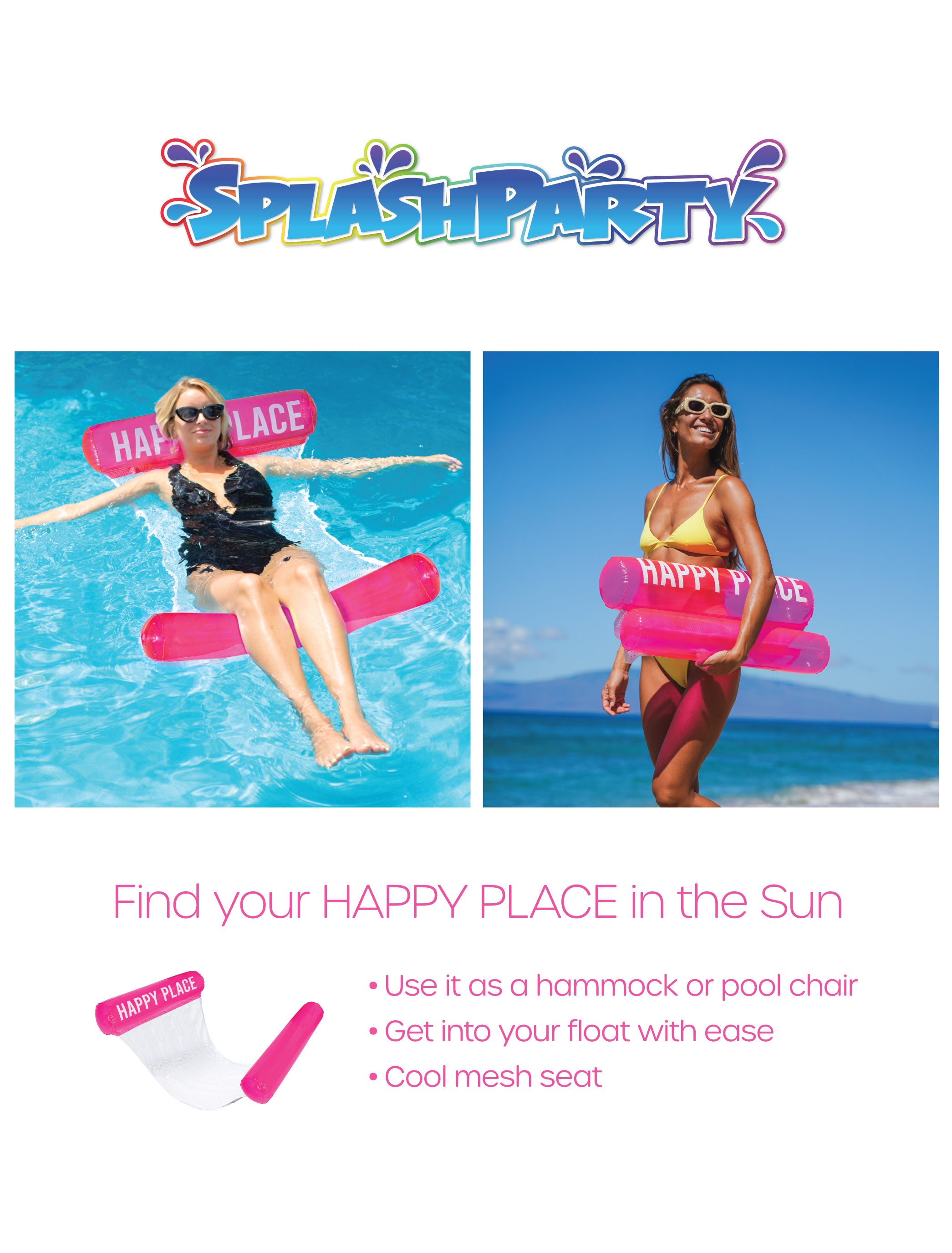 SplashParty Pool Hammock - Bubblegum Pink - "Happy Place"