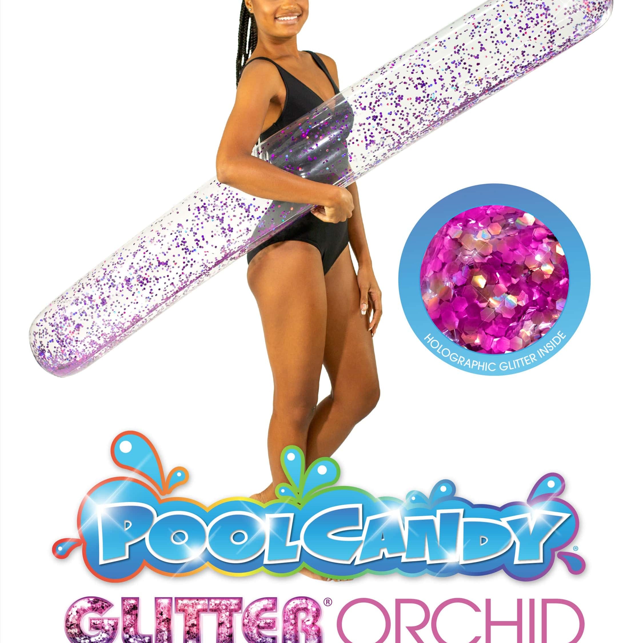 PoolCandy Inflatable Pool Noodle Inflatable Pool Noodle Clear Orchid Glitter Giant Size